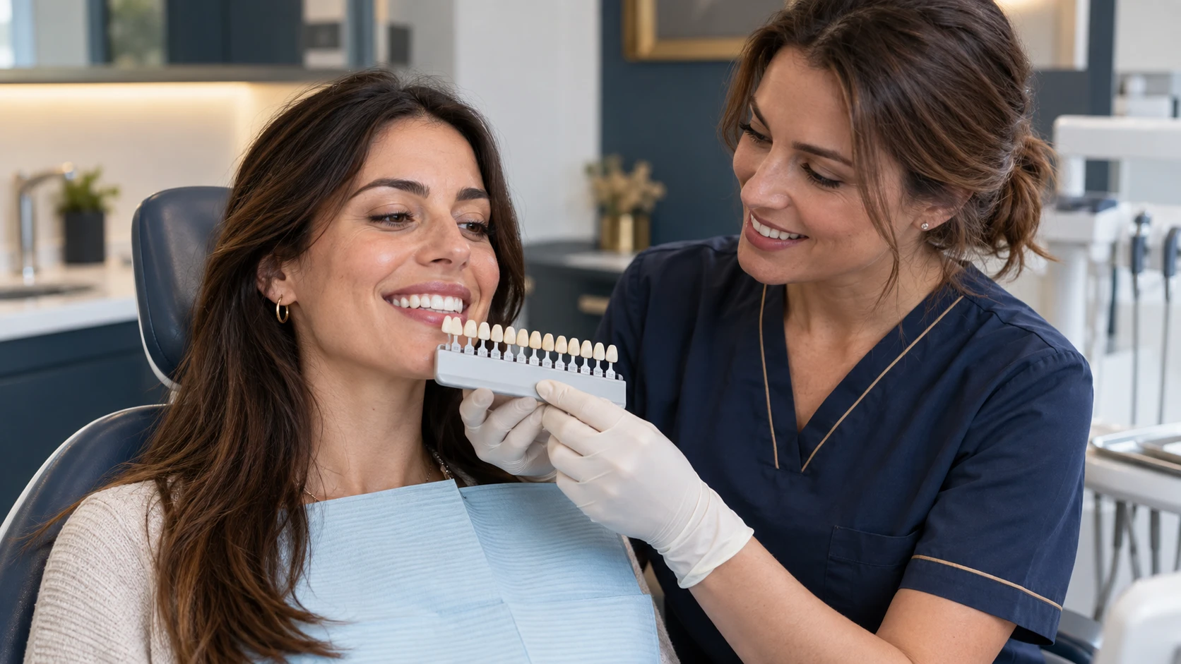 Dentista mostrando una guía de color a una paciente antes de un blanqueamiento dental