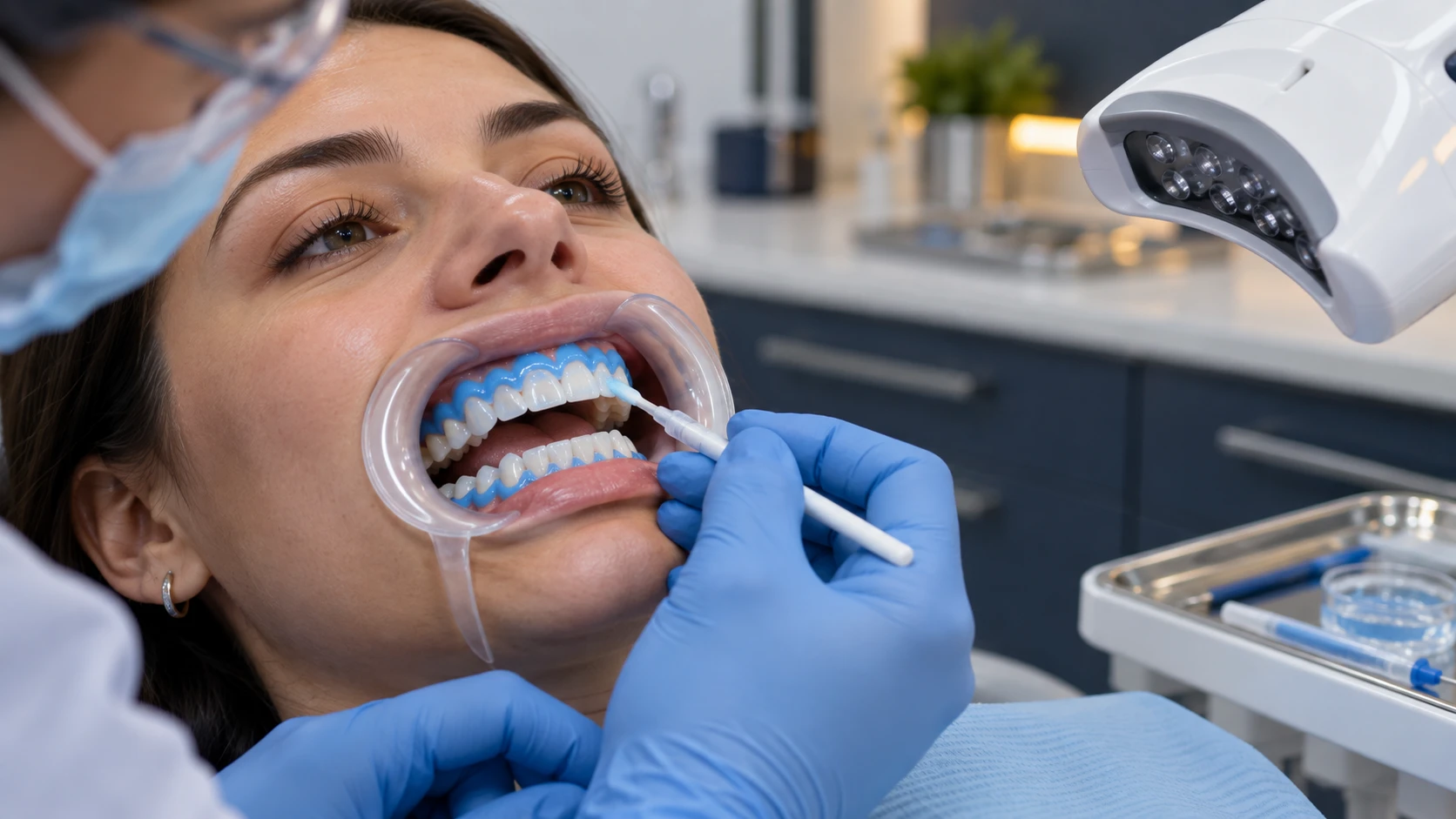 Aplicación de blanqueamiento dental con lámpara LED en consulta