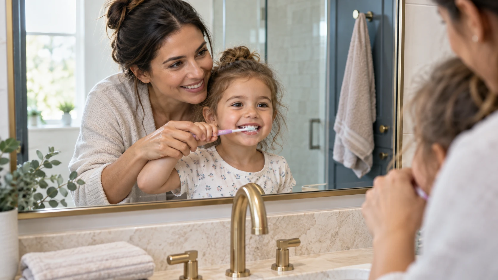 Madre enseñando a su hija a cepillarse los dientes en casa